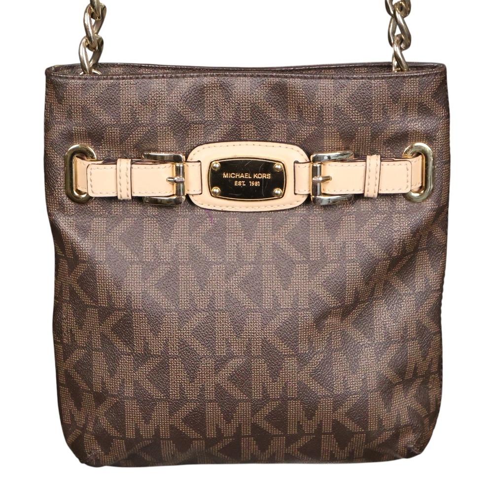 Michael Kors Hamilton Large Crossbody Messenger Brown MK Signature PVC Gold Bag - Picture 2 of 13